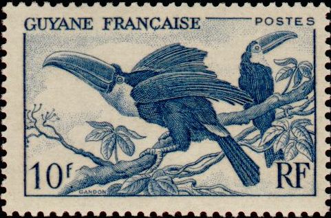 Fr_Guyana_1947_Yvert_213-Scott_204_10f_toucans_birds_IS
