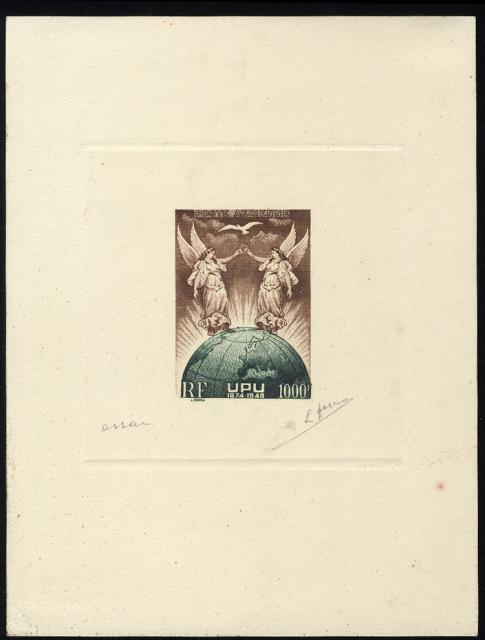 France_1949_Yvert-Scott_unadopted_UPU_1000f_airmail_dark-brown_+_dark-green_AP