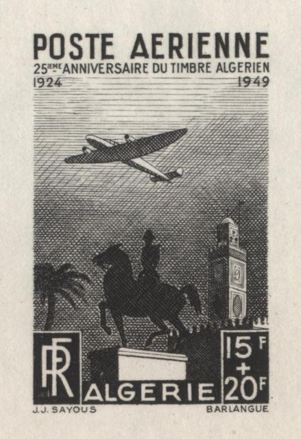 Algeria_1949_Yvert_PA13b-Scott_CB3_unadopted_15f_+_20f_avion_statue_et_mosquee_ruled_ground_black_AP_detail