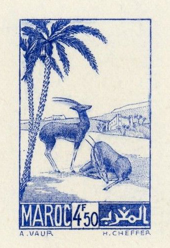 Morocco_1939_Yvert_196a-Scott_173_unissued_engraved_4f50_gazelles_blue_c_AP_detail