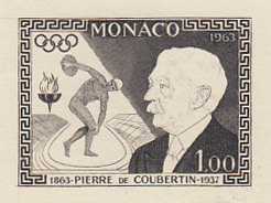 Monaco_1963_Yvert_635a-Scott_548_unadopted_De_Coubertin_1er_etat_black_AP_detail