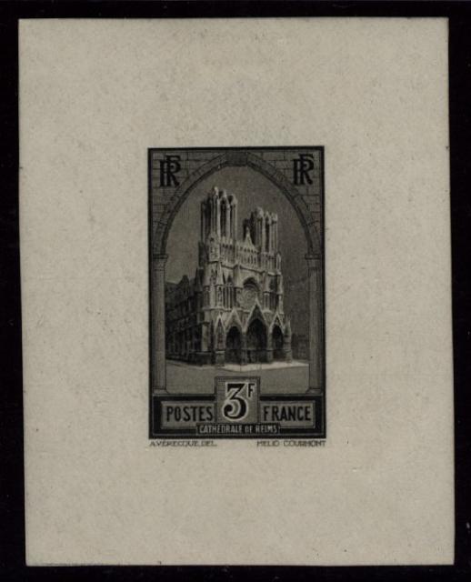 France_1930_Yvert_259b-Scott_247_unissued_in_Helio_by_Courmont_3f_Cathedrale_de_Reims_black_aa_ESS