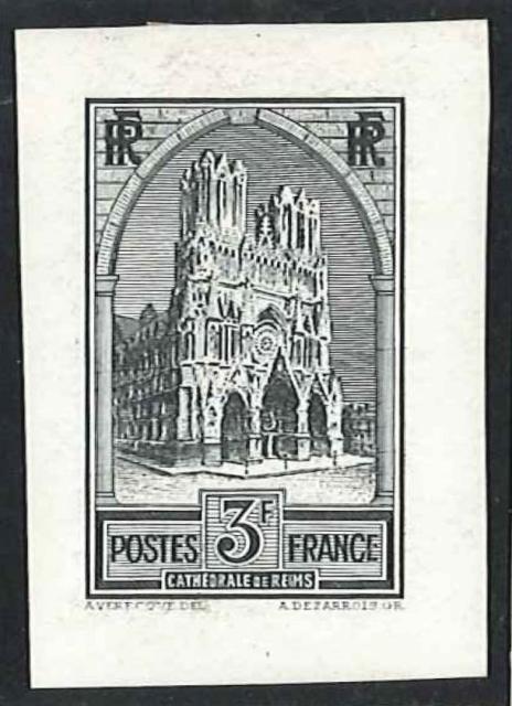 France_1930_Yvert_259c-Scott_247_unissued_in_Helio_by_Dezarrois_3f_Cathedrale_de_Reims_black_ab_ESS