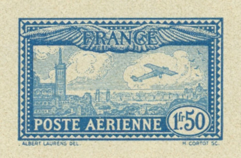 France_1930_Yvert_PA6a-Scott_C6_unadopted_plane_over_Marseille_blue_111_+_dark-blue_105_typo_CP_detail